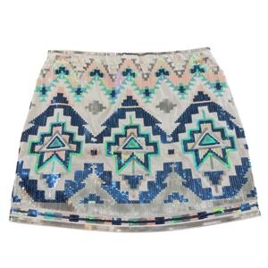 Express Sequin Mini Skirt XS Cream Stretch Southwestern Aztec Festival NWT
